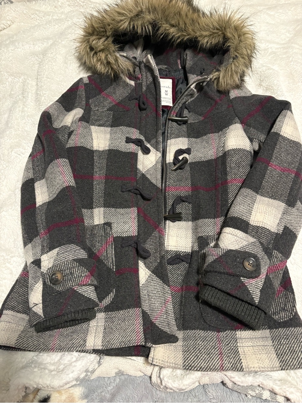Vintage Aeropostale Gray Plaid Pea Coat with Pink Accents and Faux Fur Hood